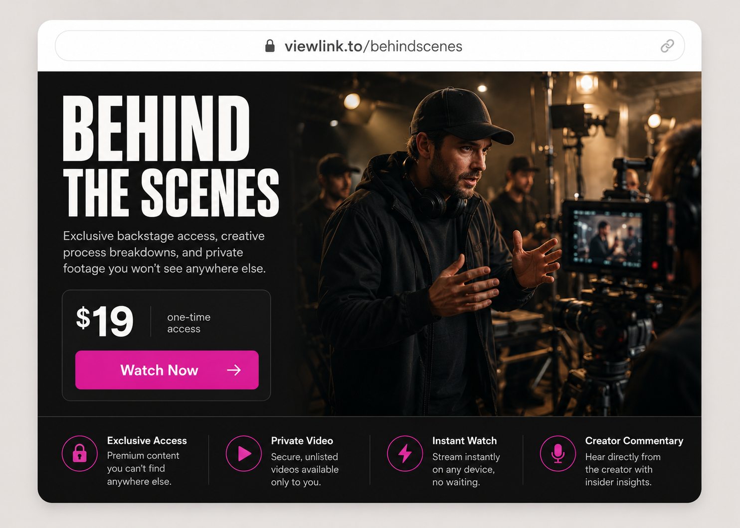 ViewLink behind the scenes page preview with private video access, watch now button, and creator footage