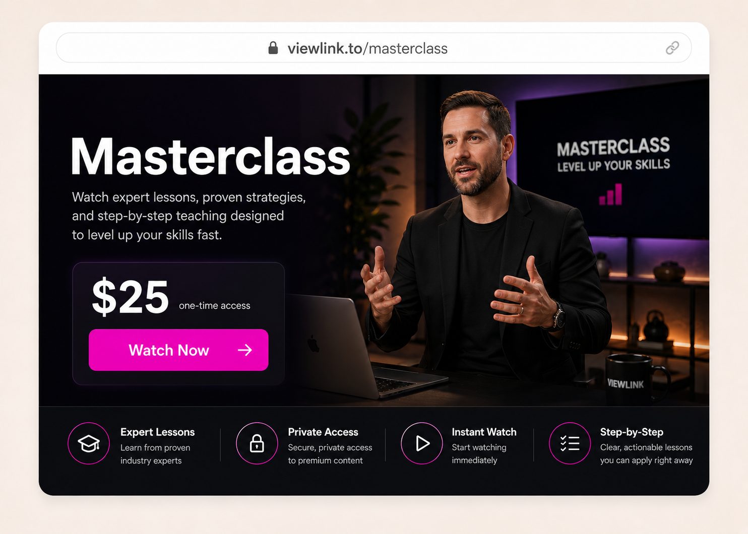 ViewLink masterclass page preview with private video lessons, watch now button, and premium access features